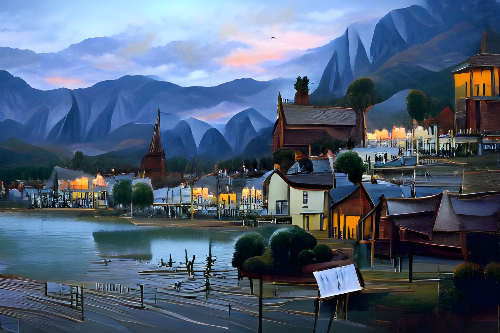 Picturesque Lakeside Town and Mountains at Dusk