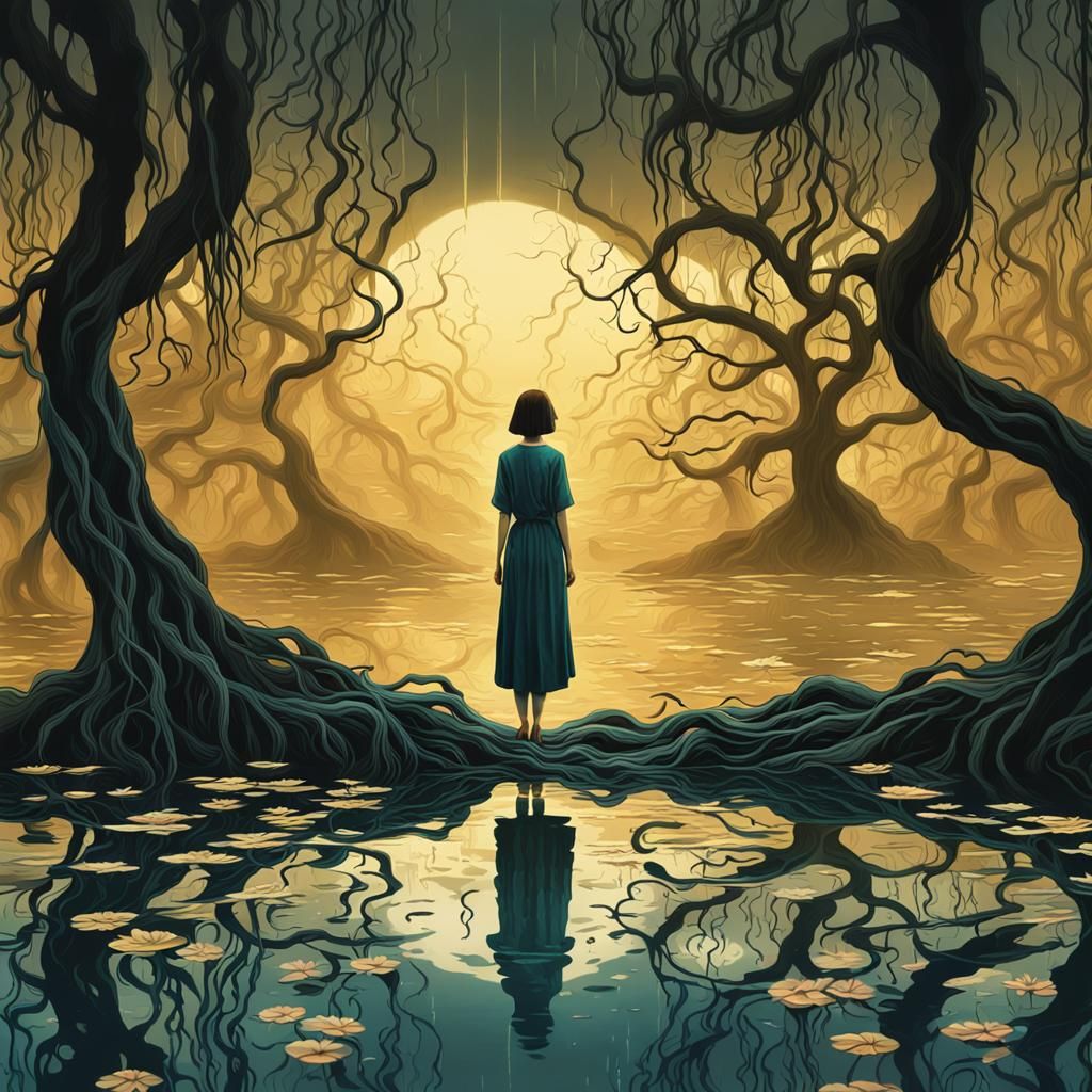 Woman in Dreamlike Lake: Surreal Graphic Novel