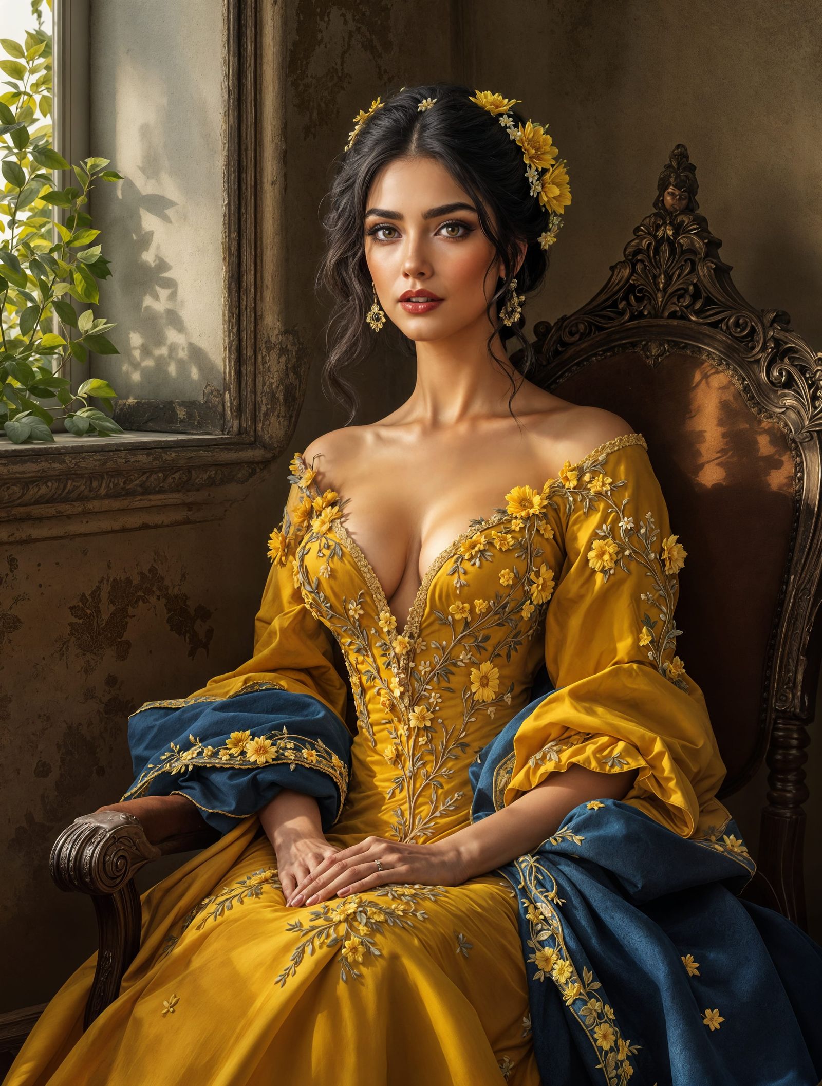 Elegant Woman in Antique Mustard-Yellow Gown