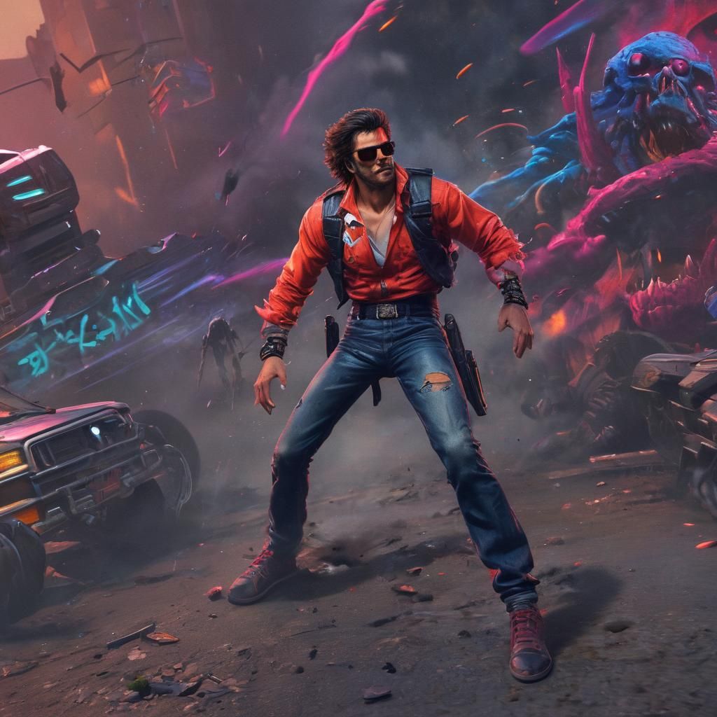 Epic Badass Hero in Neon-Filled 80's Video Game Style