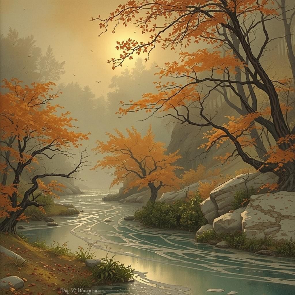 Ethereal Autumn Valley in Art Nouveau Style