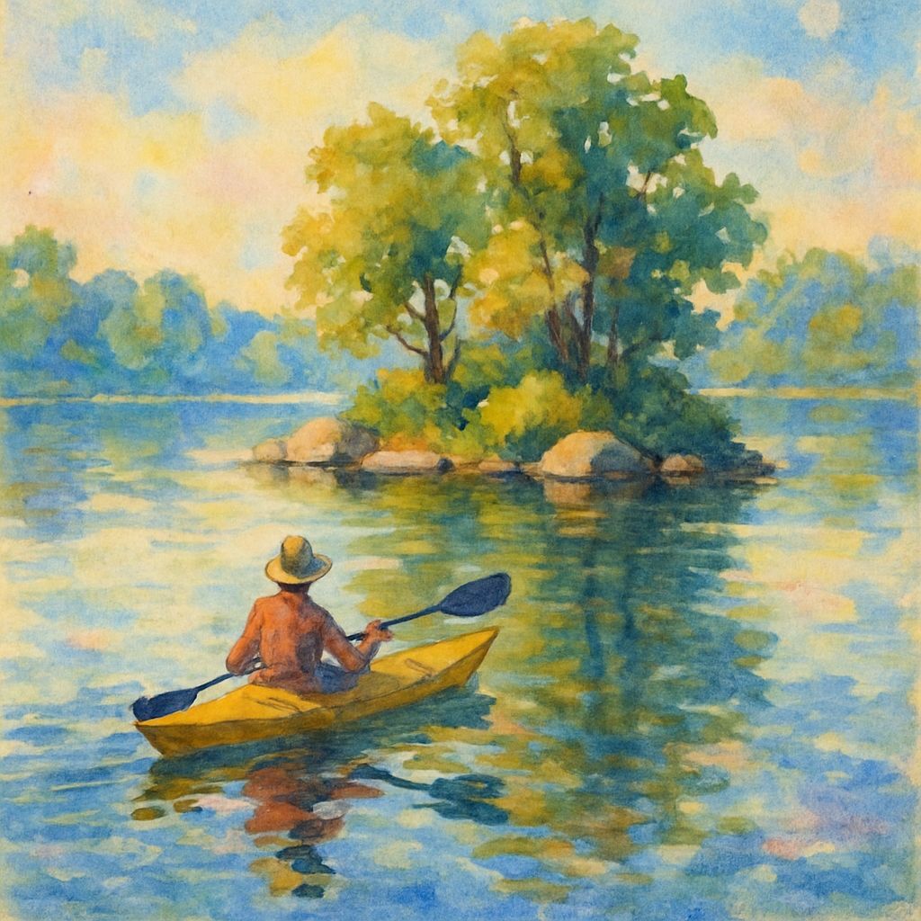 Kayaker on Lake: Impressionistic Watercolor in Monet Style