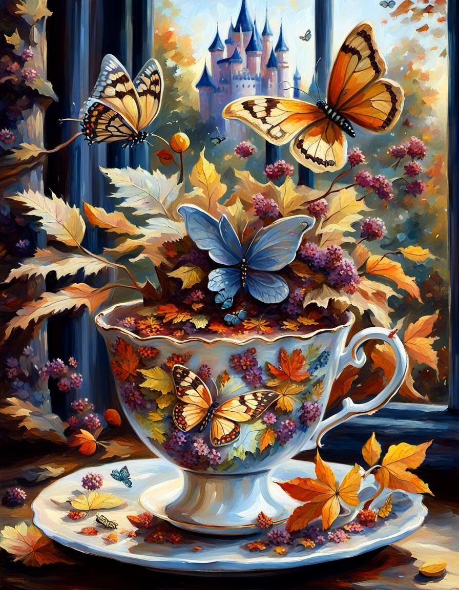 Autumn Leaves and Flowers in Ornate Cup