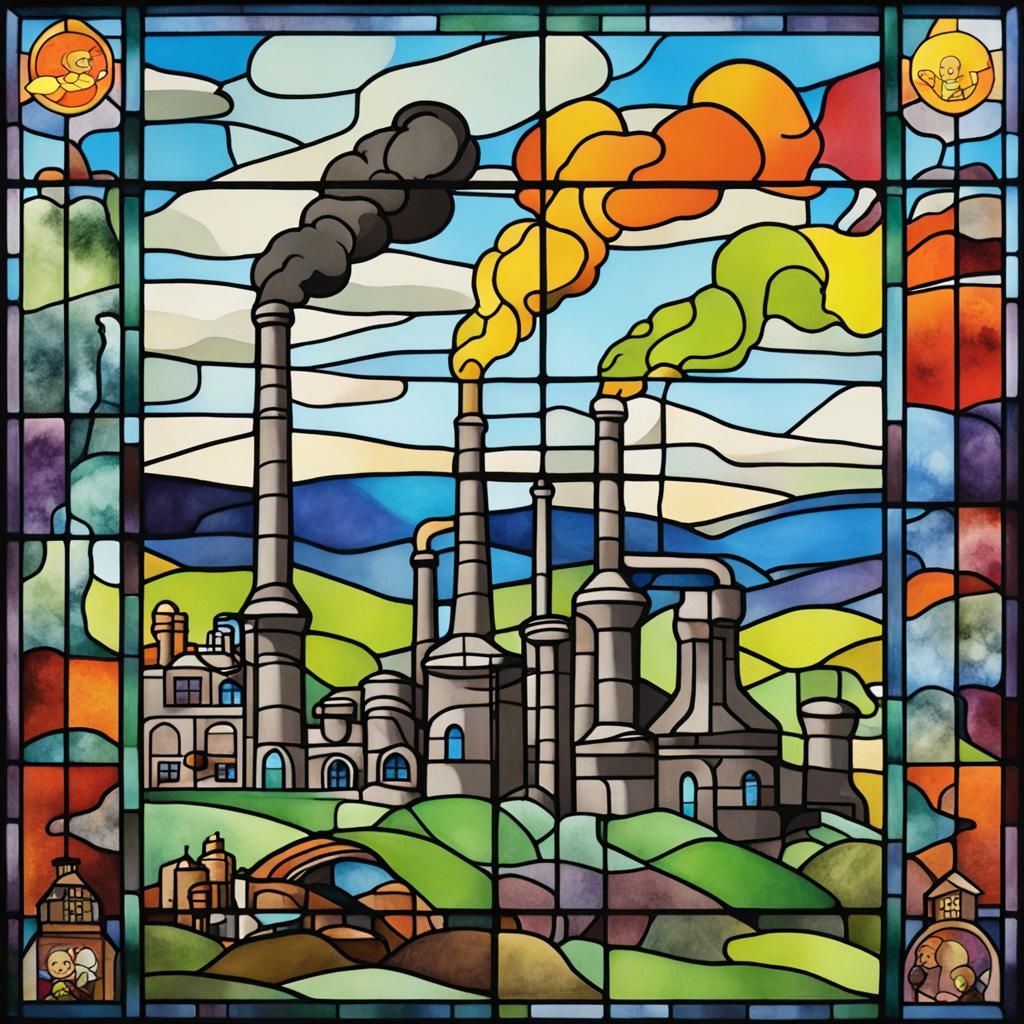 Stained Glass Factories and Chimneys with Smoke