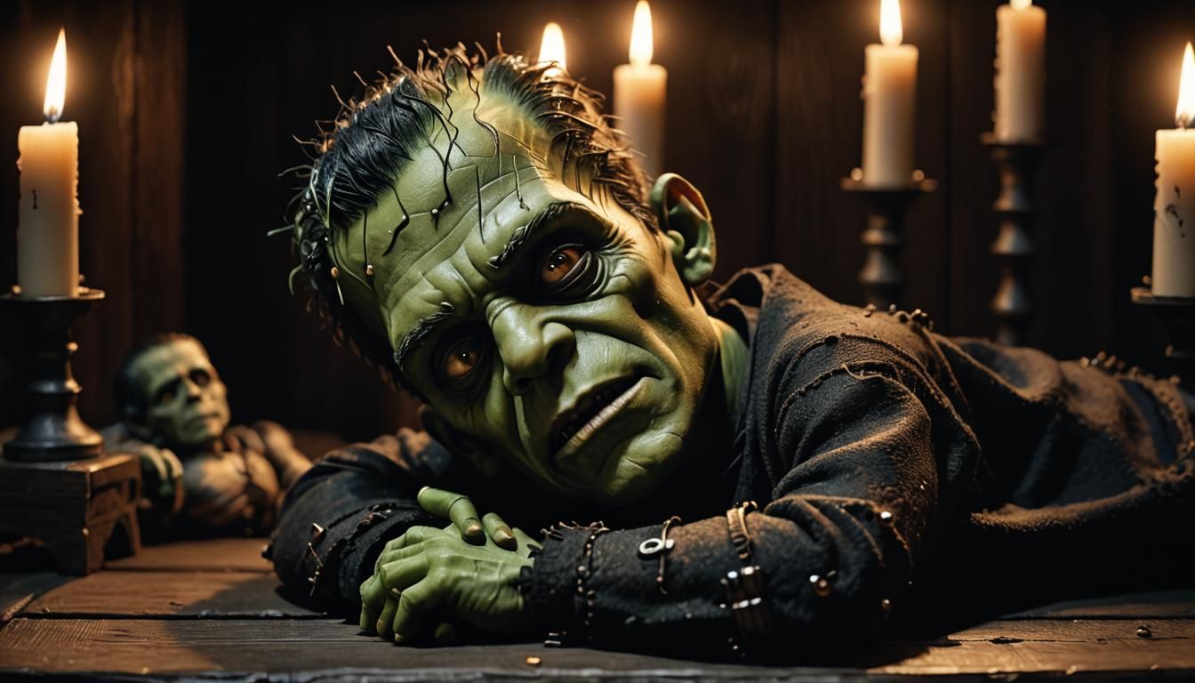 Hyperrealistic Baby Frankenstein Portrait in Candlelight