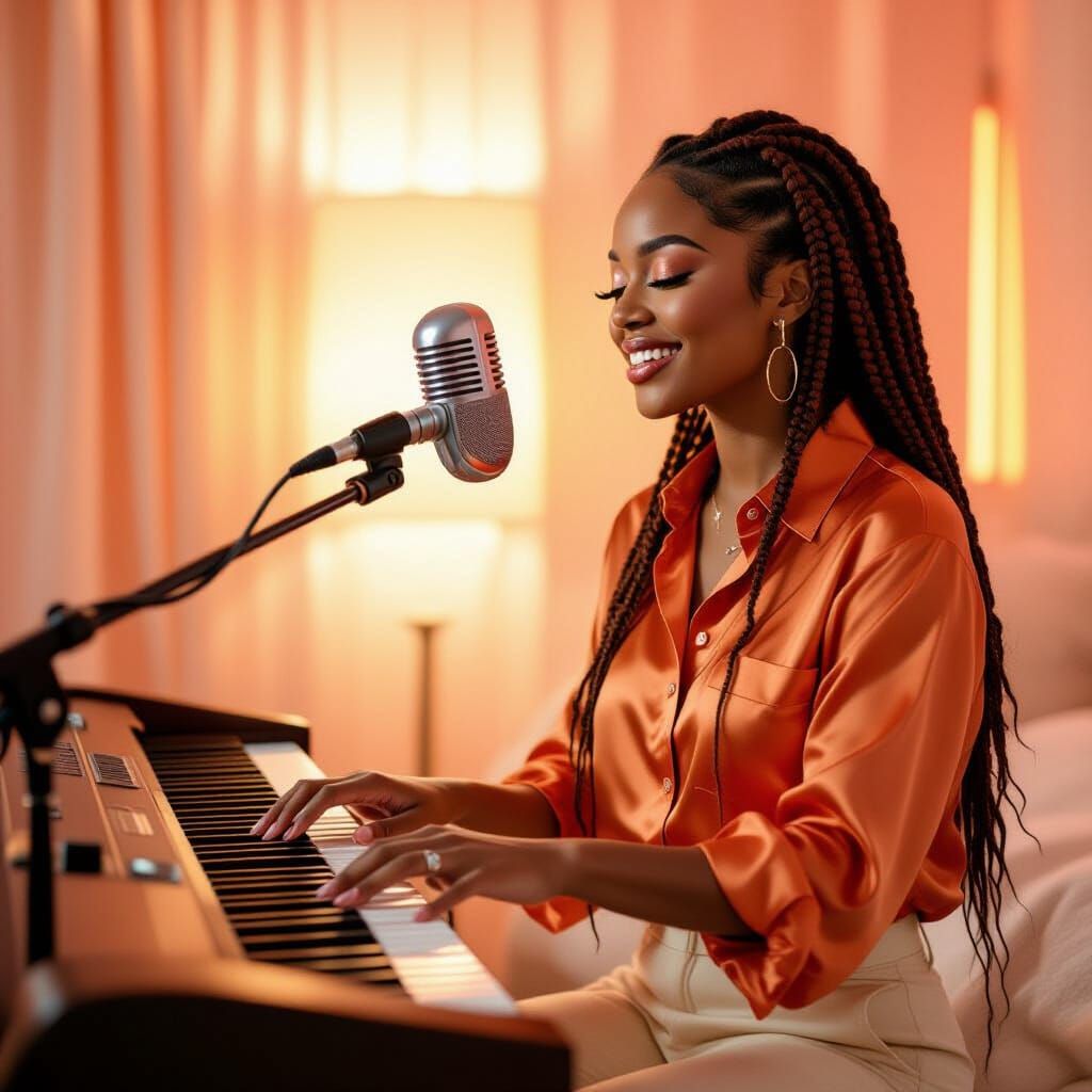 R&B Studio Portrait: Woman Playing Keyboard in Peach Tones