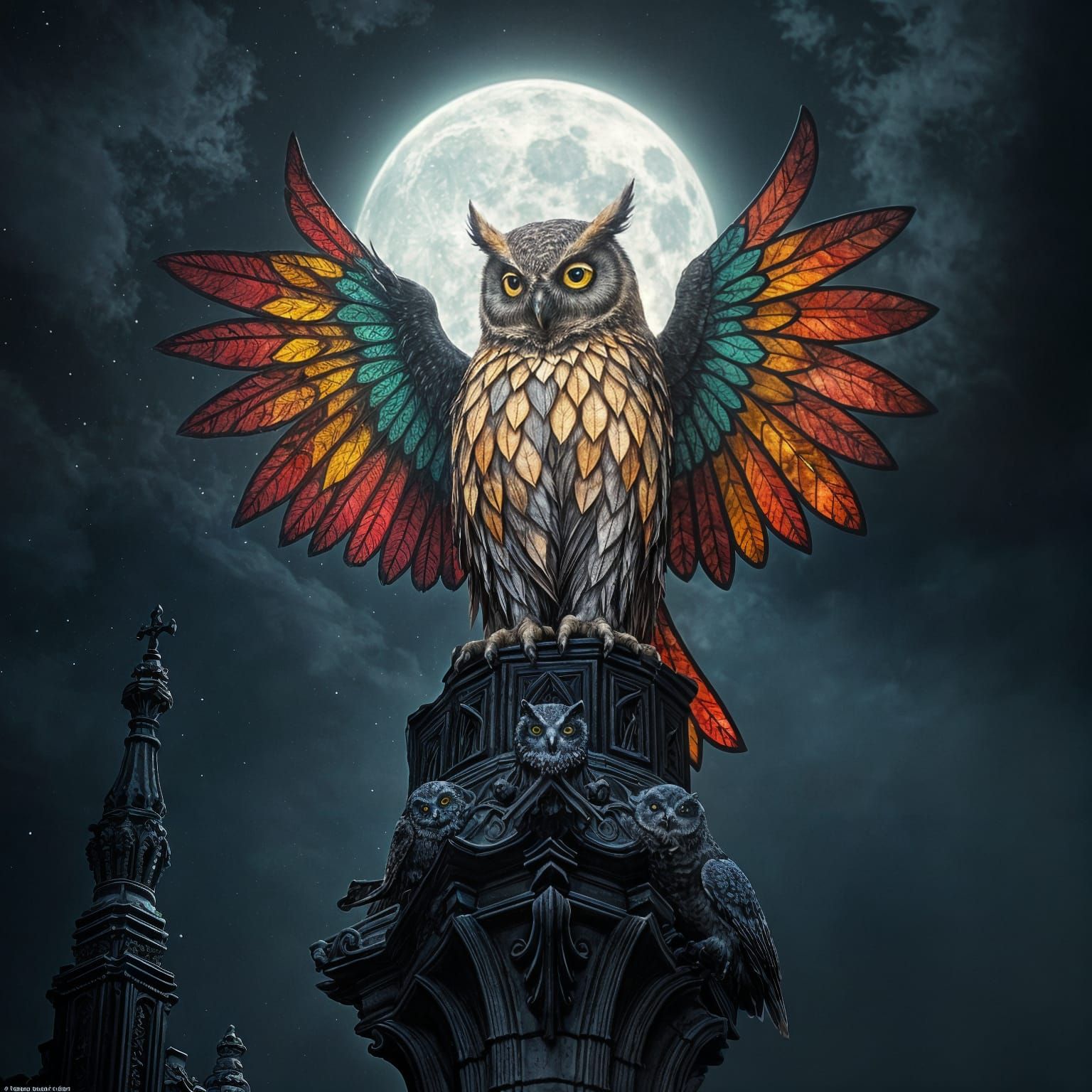 Stained Glass Owl Perched on Cathedral Gargoyle