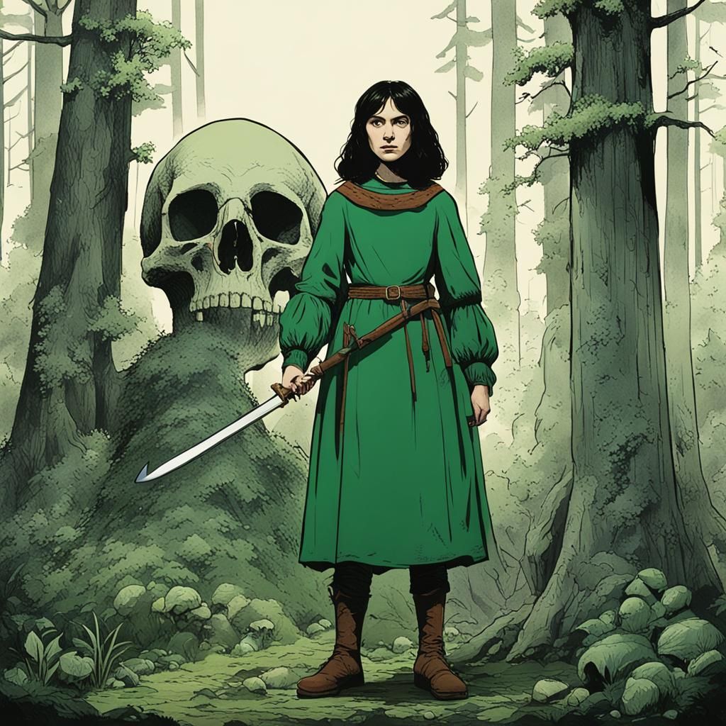 Medieval Woman with Sword and Giant Skull