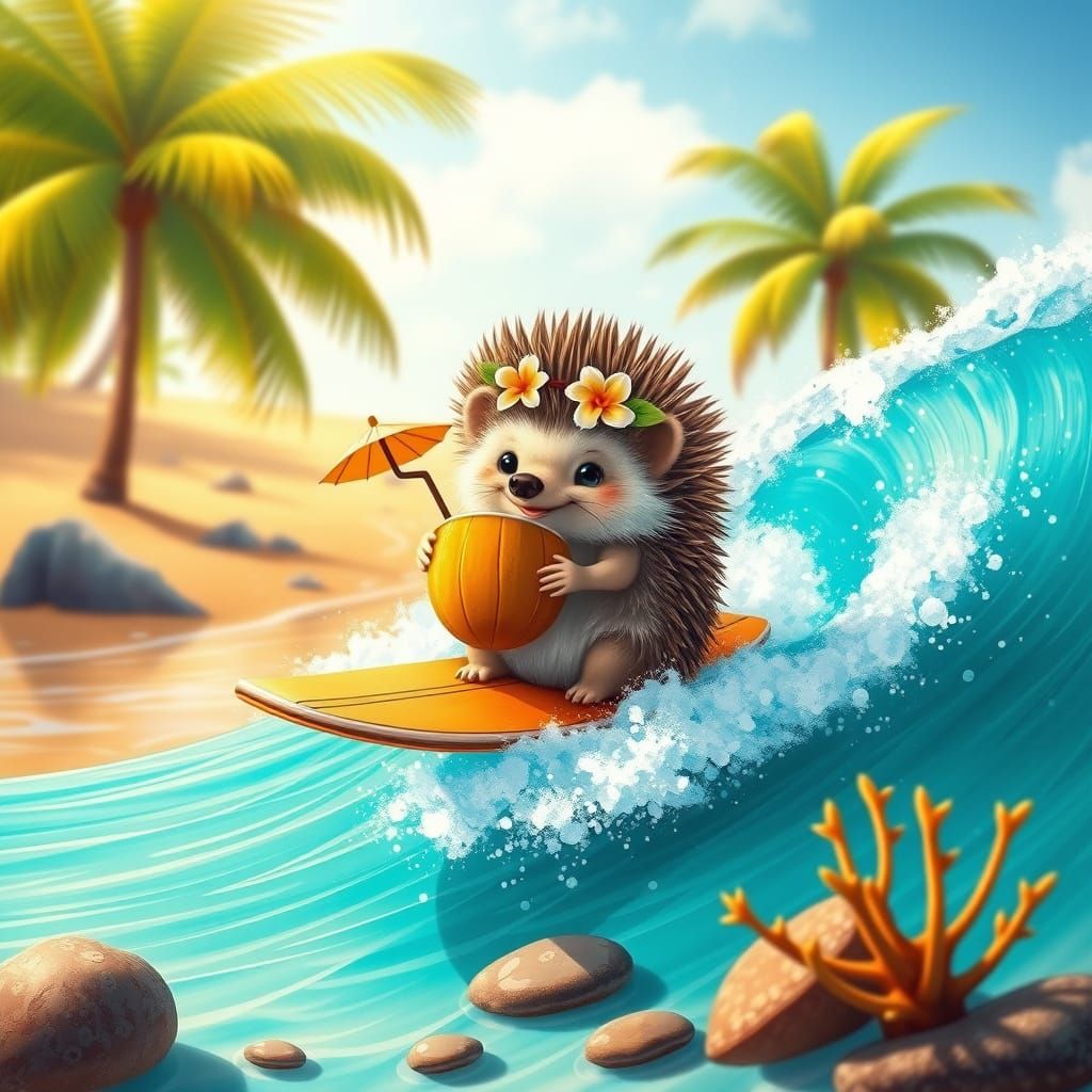 Vibrant Tropical Hedgehog Surfs Crystal Clear Waves
