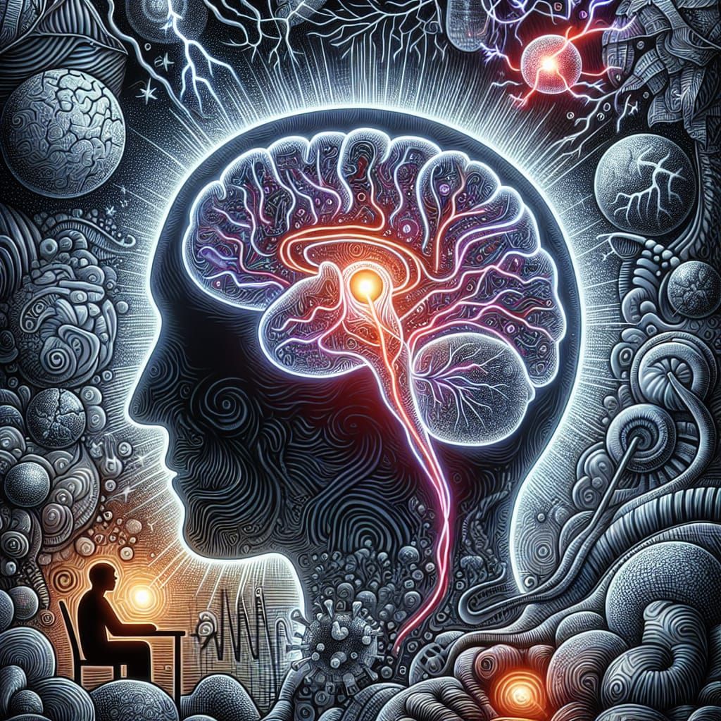 Visualize a conceptual representation of a person living with Multiple Sclerosis. Show their brain.