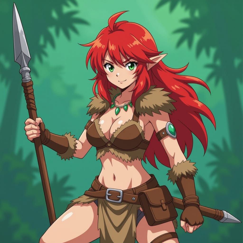 Anime Prehistoric Huntress with Spear in Cel-Shaded Style