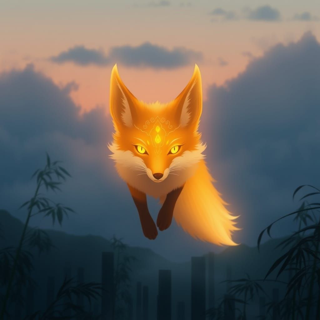 Golden Fox Spirit in Misty Bamboo Forest