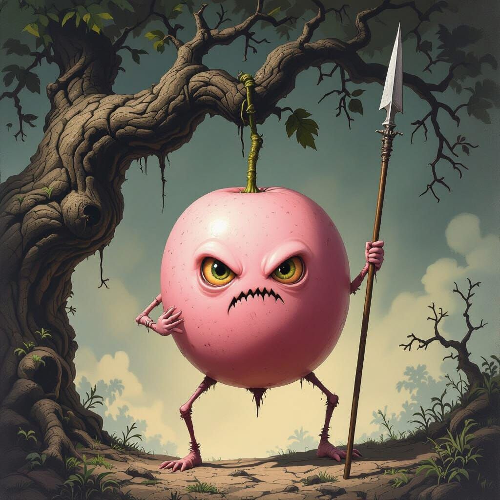 Scary Pink Fruit Monster with Spear in Dark Fantasy Style