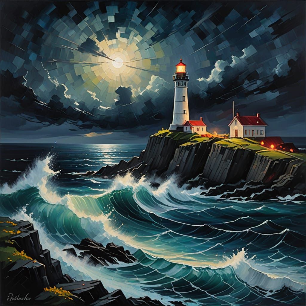 Lighthouse on Volcanic Island in Epic Oil Painting Style