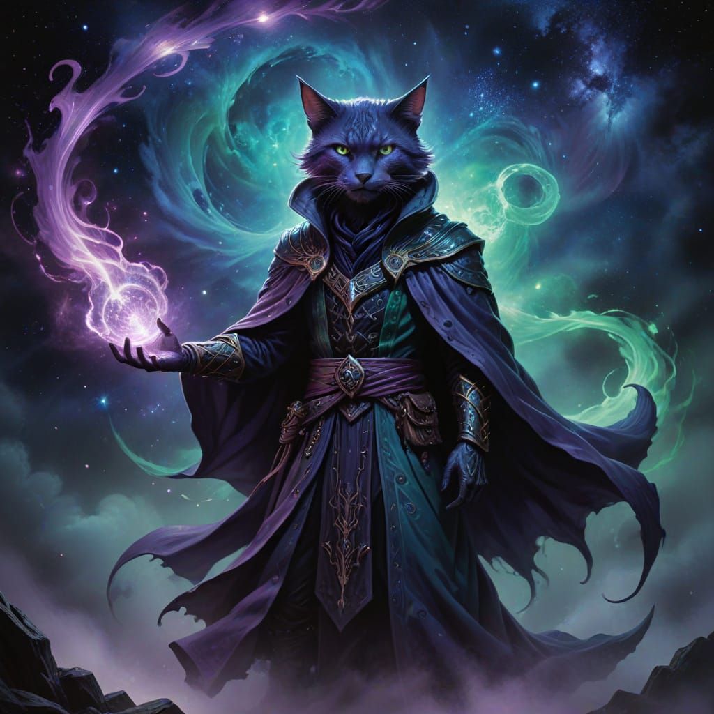 Tabaxi Warlock Confronts Cosmic Horror in Dark Fantasy Style