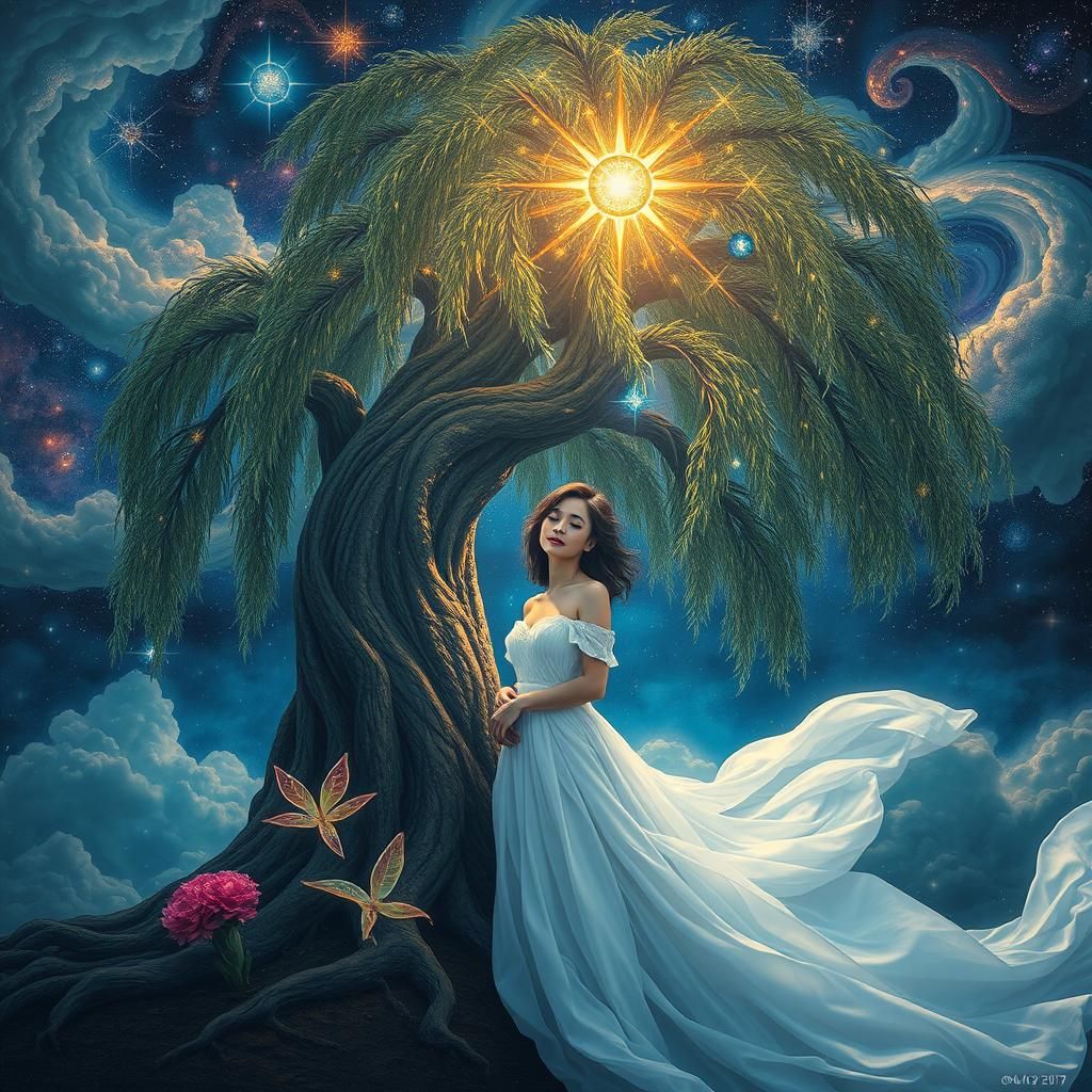 Sorrowful Woman Under Cosmic Willow Tree