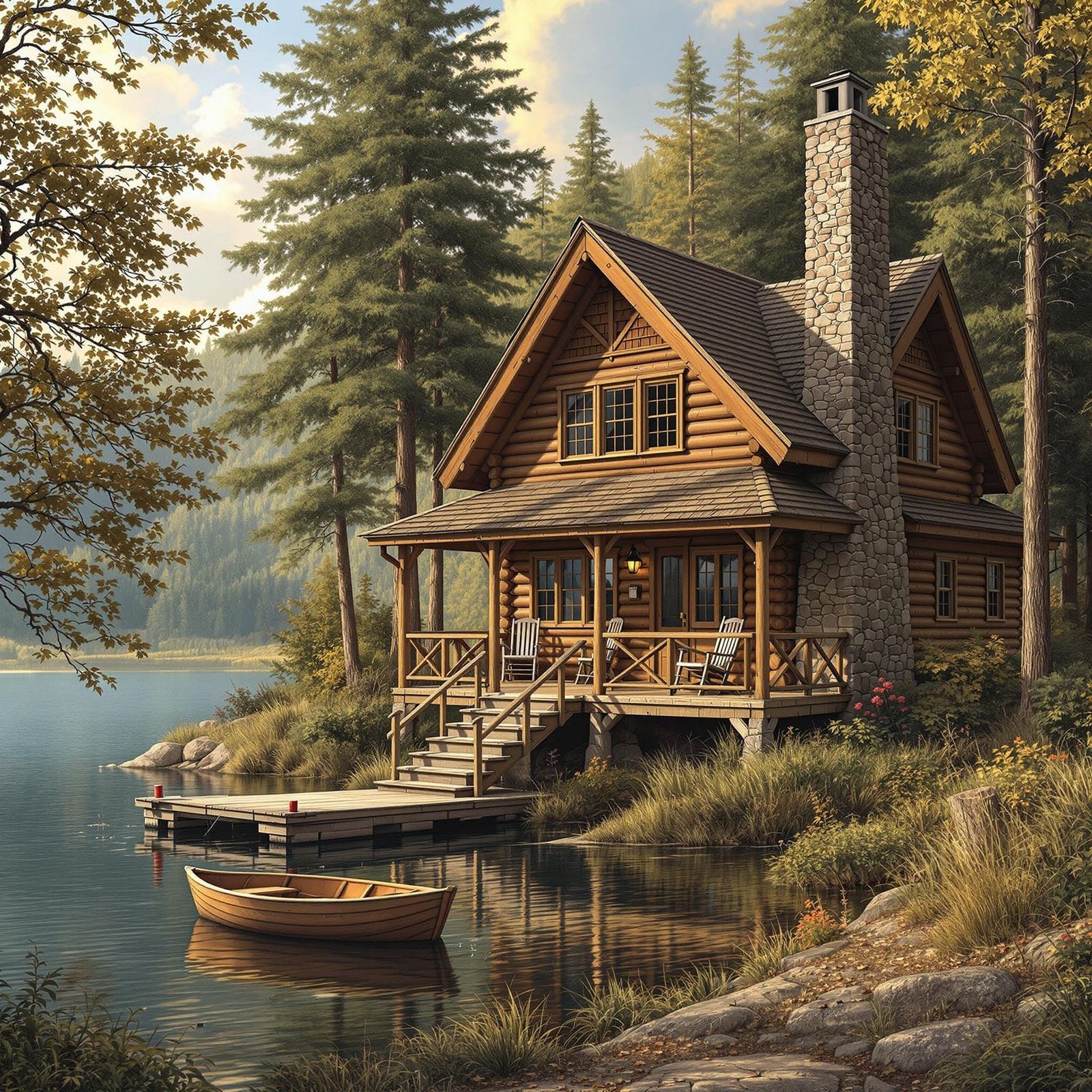Rustic Lakeside House in Golden Light