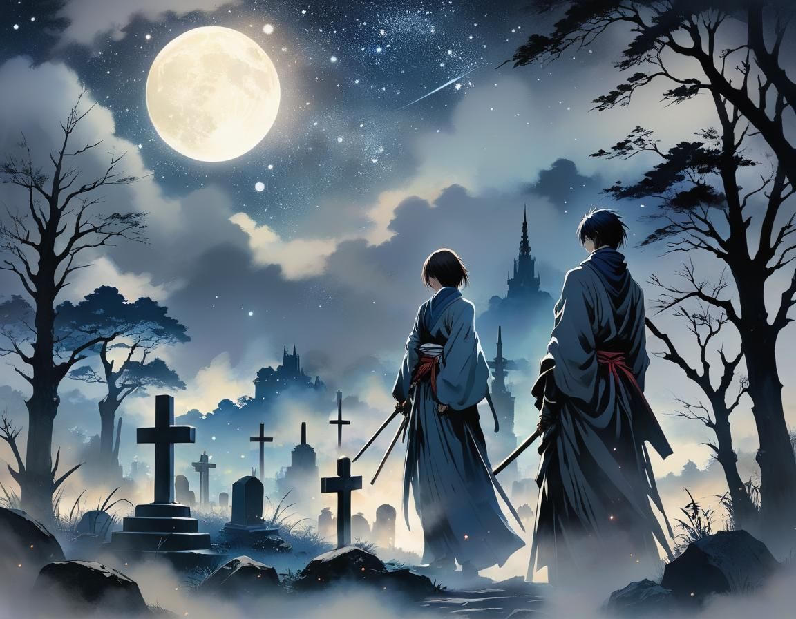 Misty Graveyard Portrait in Ink and Brush Style