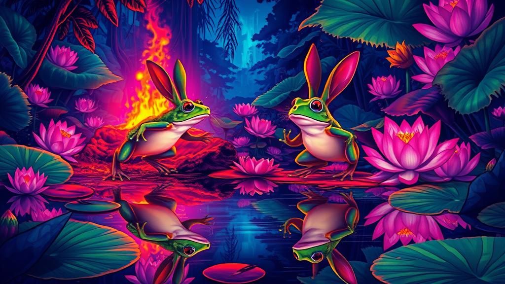 Radiant Frogs and Rabbits in Lotus Jungle