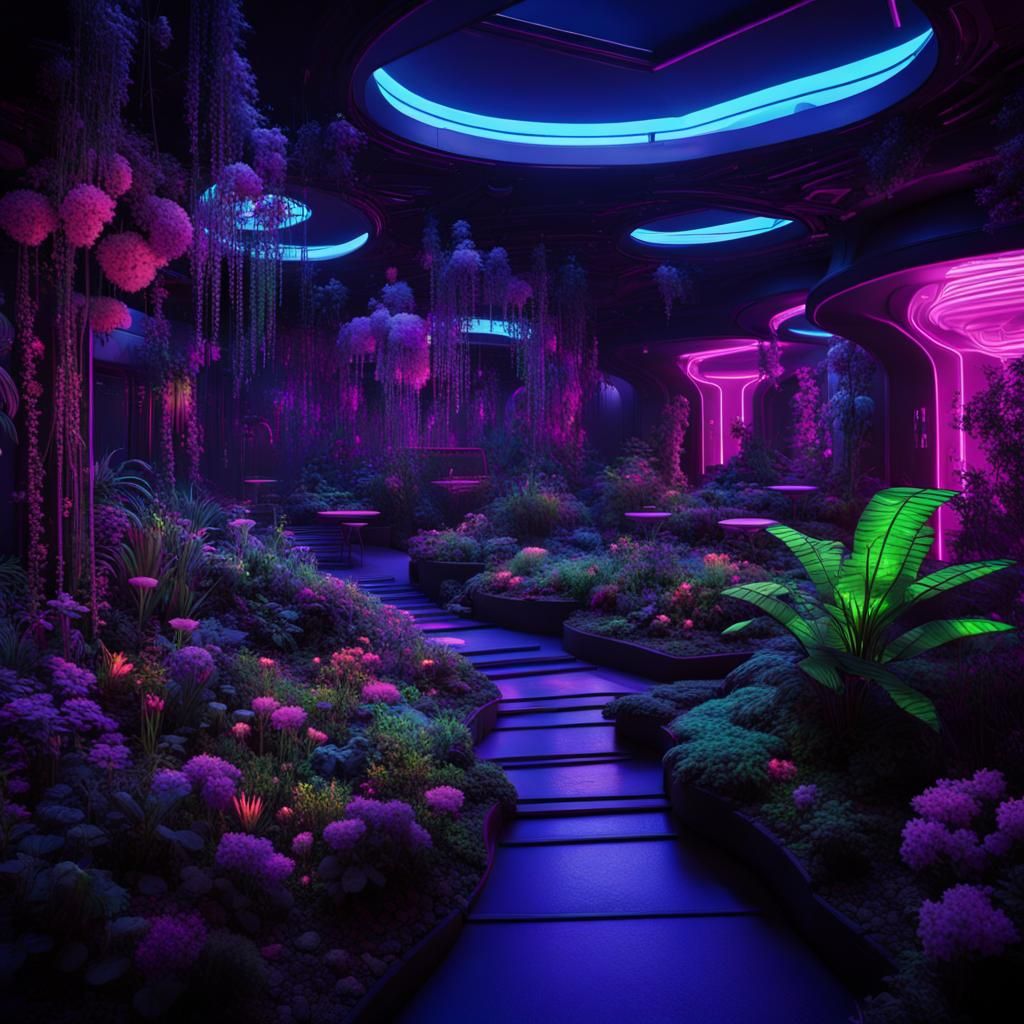 Cyberpunk Alien Garden with Neon Flowers