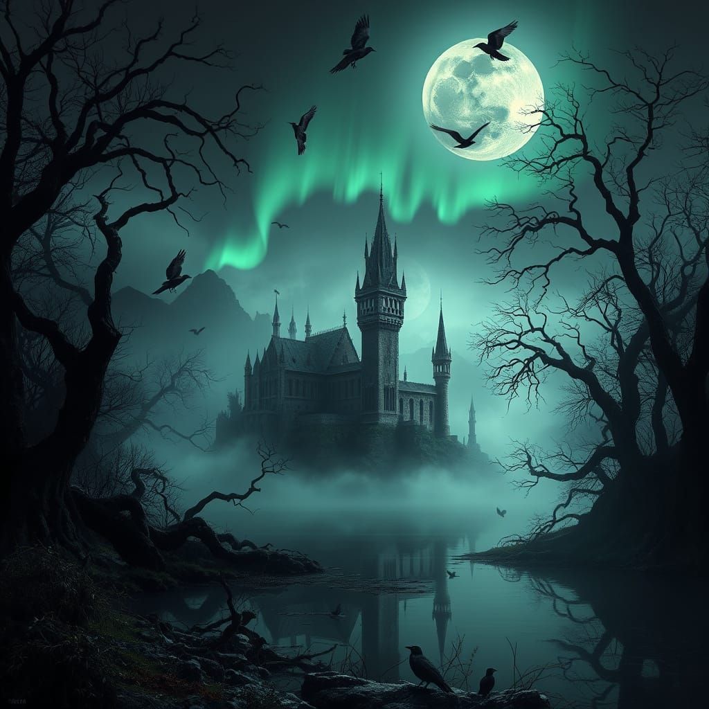 Mystical Castle Ruins in Dark Fantasy Landscape