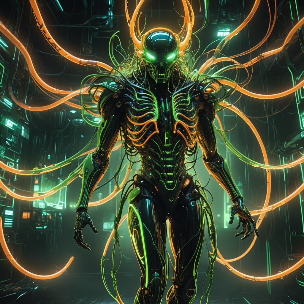 Glowing Neon Entity in Dark Futuristic Mist