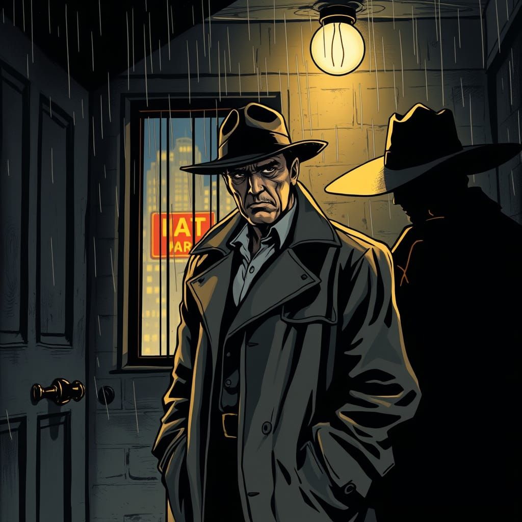 Noir Detective in Smoky Backroom
