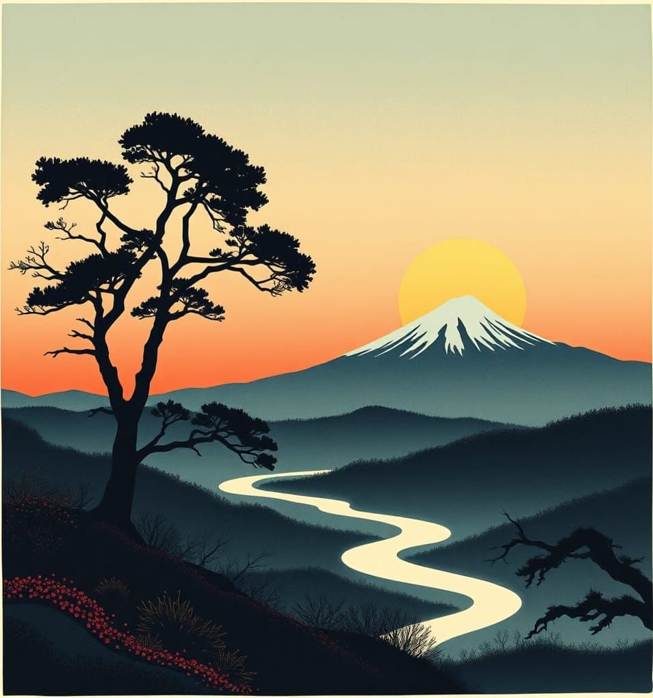 Japanese Woodblock Sunset Landscape Illustration