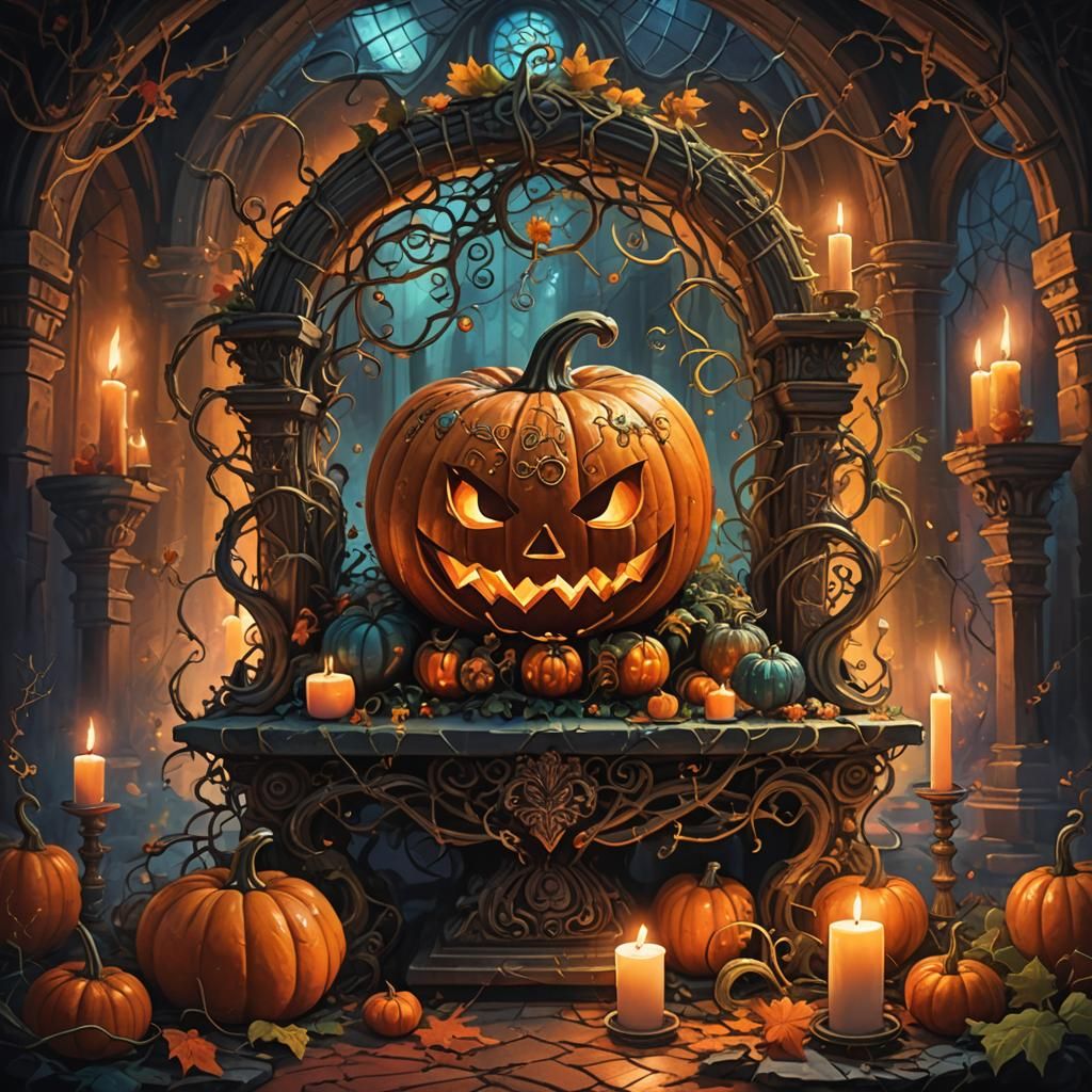 Glowing Pumpkin on Ancient Altar in Oil Painting Style