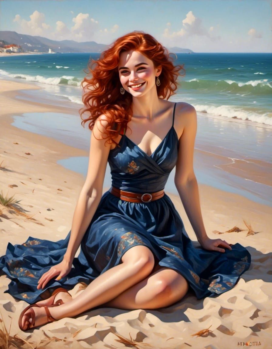 Curvy Auburn Woman Smiling on Beach in Fantasy Style
