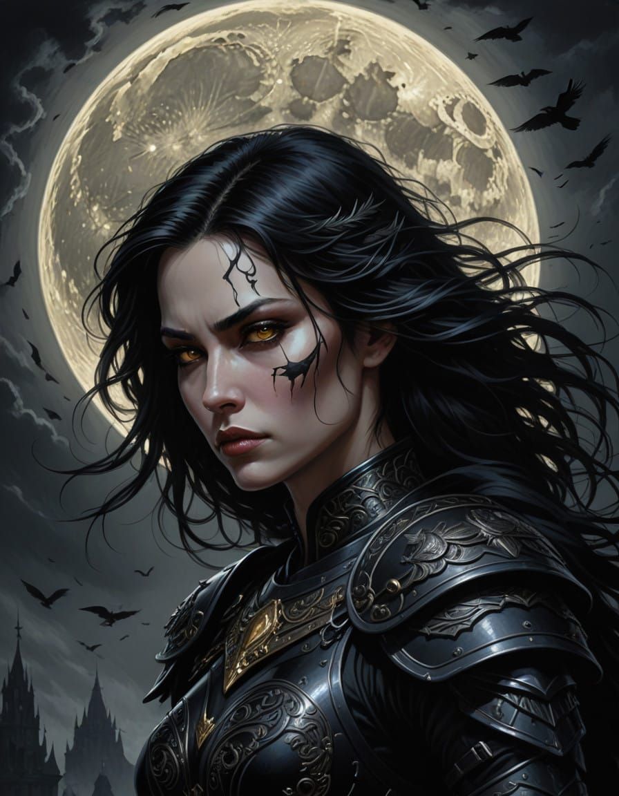 Grim-Dark Fantasy Armor Maiden Under Lunar Glow