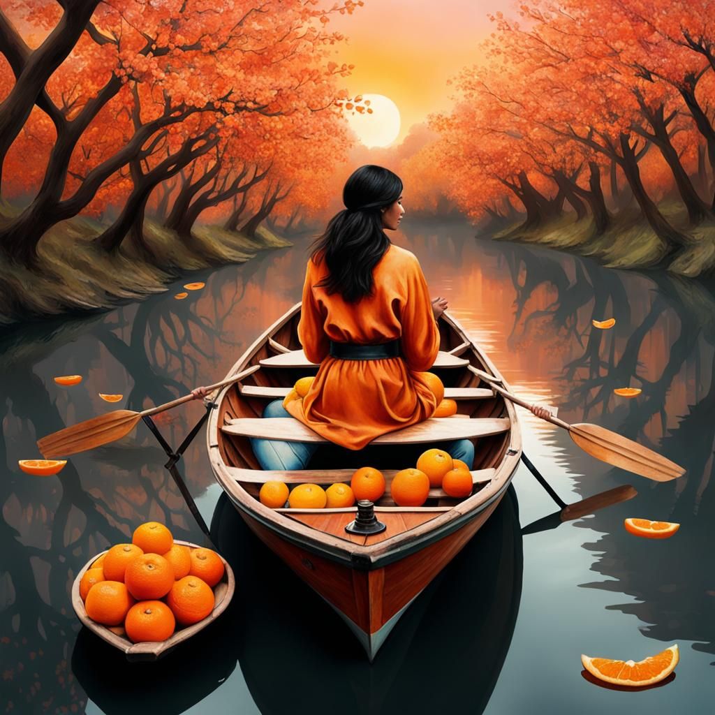 Dreamy River Scene with Tangerine Trees