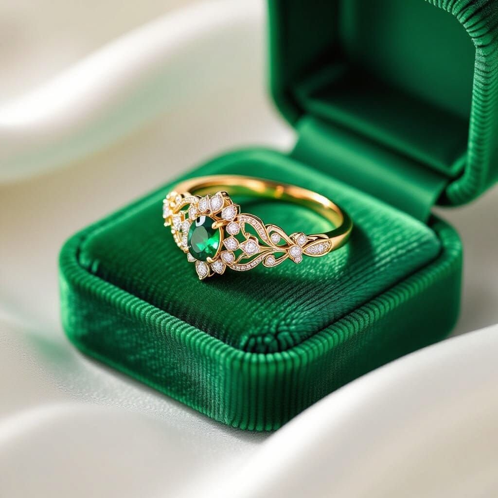 Ornate Gemstone Ring on Emerald Velvet Pillow