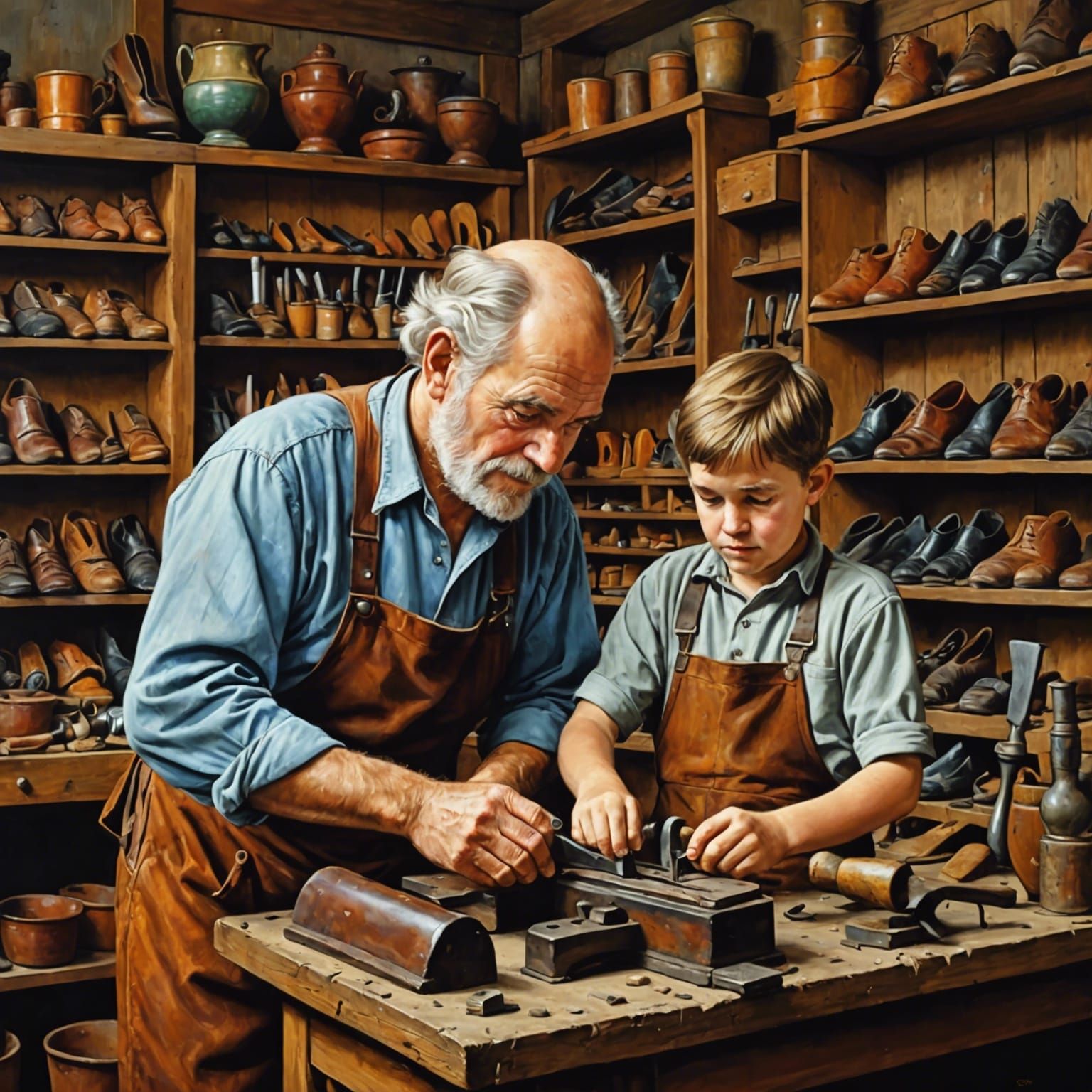 Old Shoemaker and Apprentice in Hyperdetailed Oil Painting