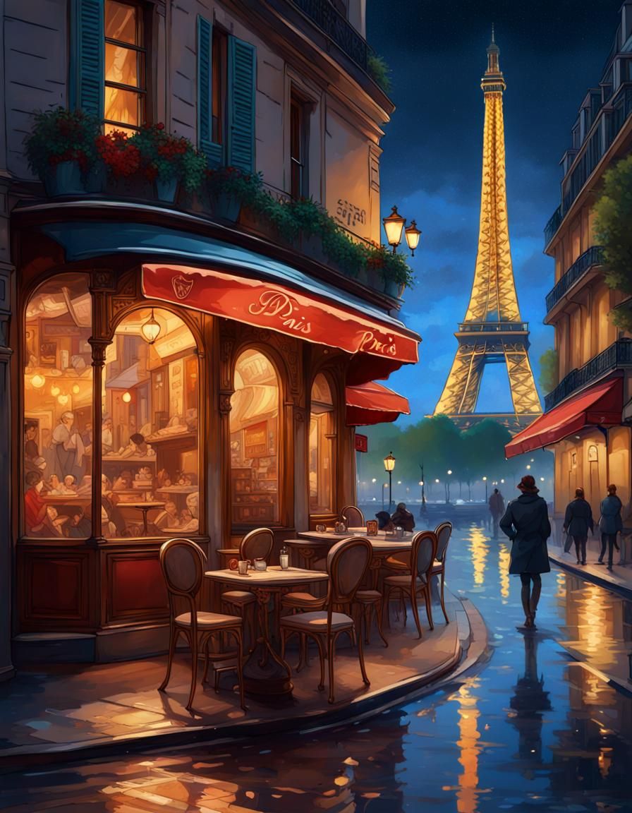 Paris at night, charming street cafes