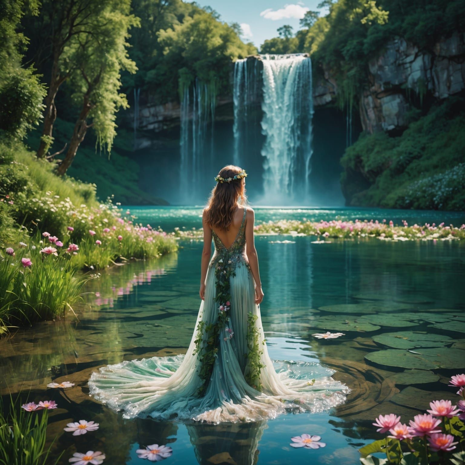 Ethereal Woman Merges with Waterfall Lake