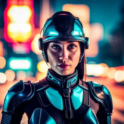 Cyborg Girl in Neon City: Hyperrealistic Portrait