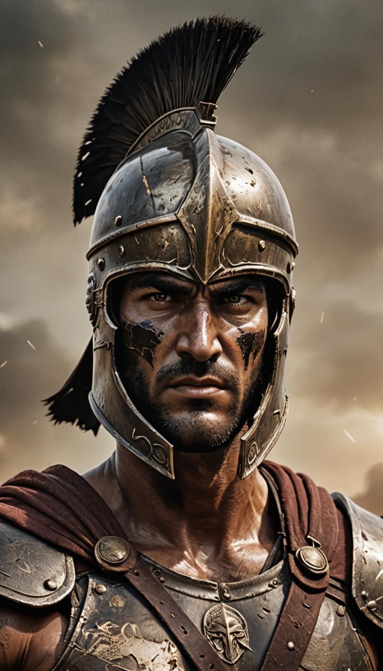 Fierce Spartan Warrior in Bronze Helmet