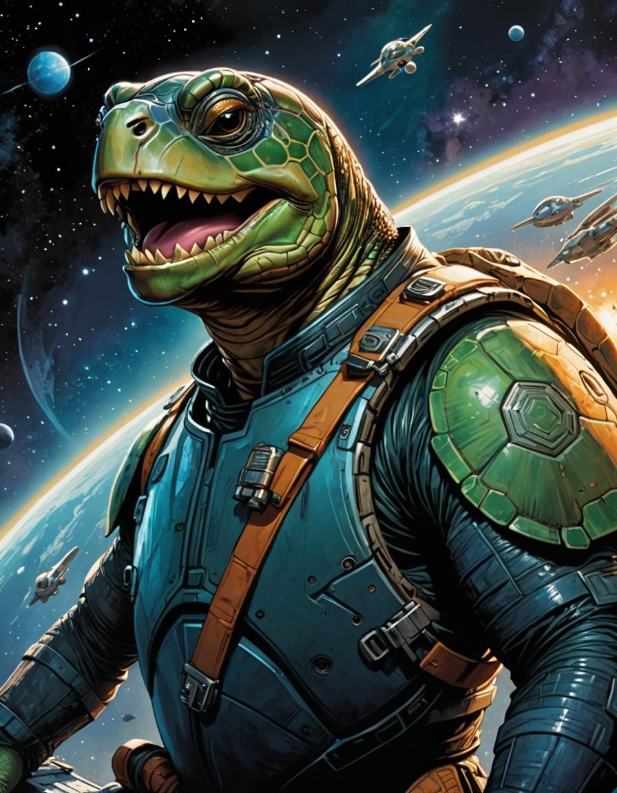 Anthropomorphic Turtle Pilot Leaning on Spaceship, Comic Boo...