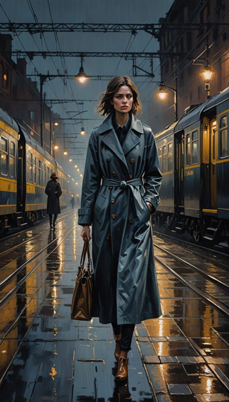 Lonely Woman on Wet Train Platform at Night