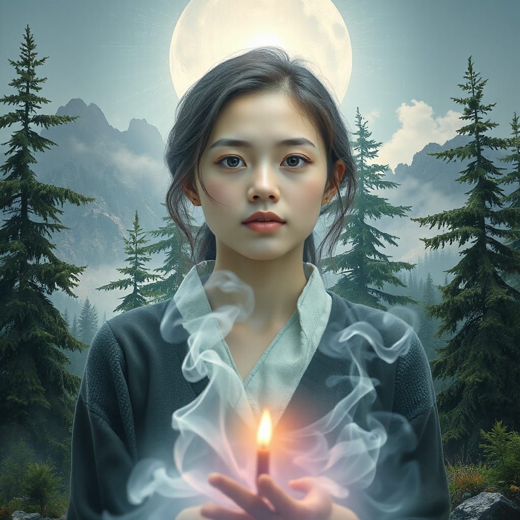 Serene Young Woman in a Cosmic Mountain Shrine