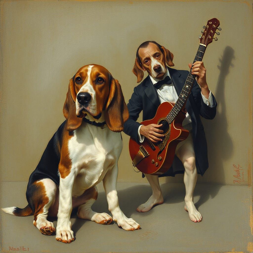 Basset Hound Playing Jazz in Turner & Schiele Style