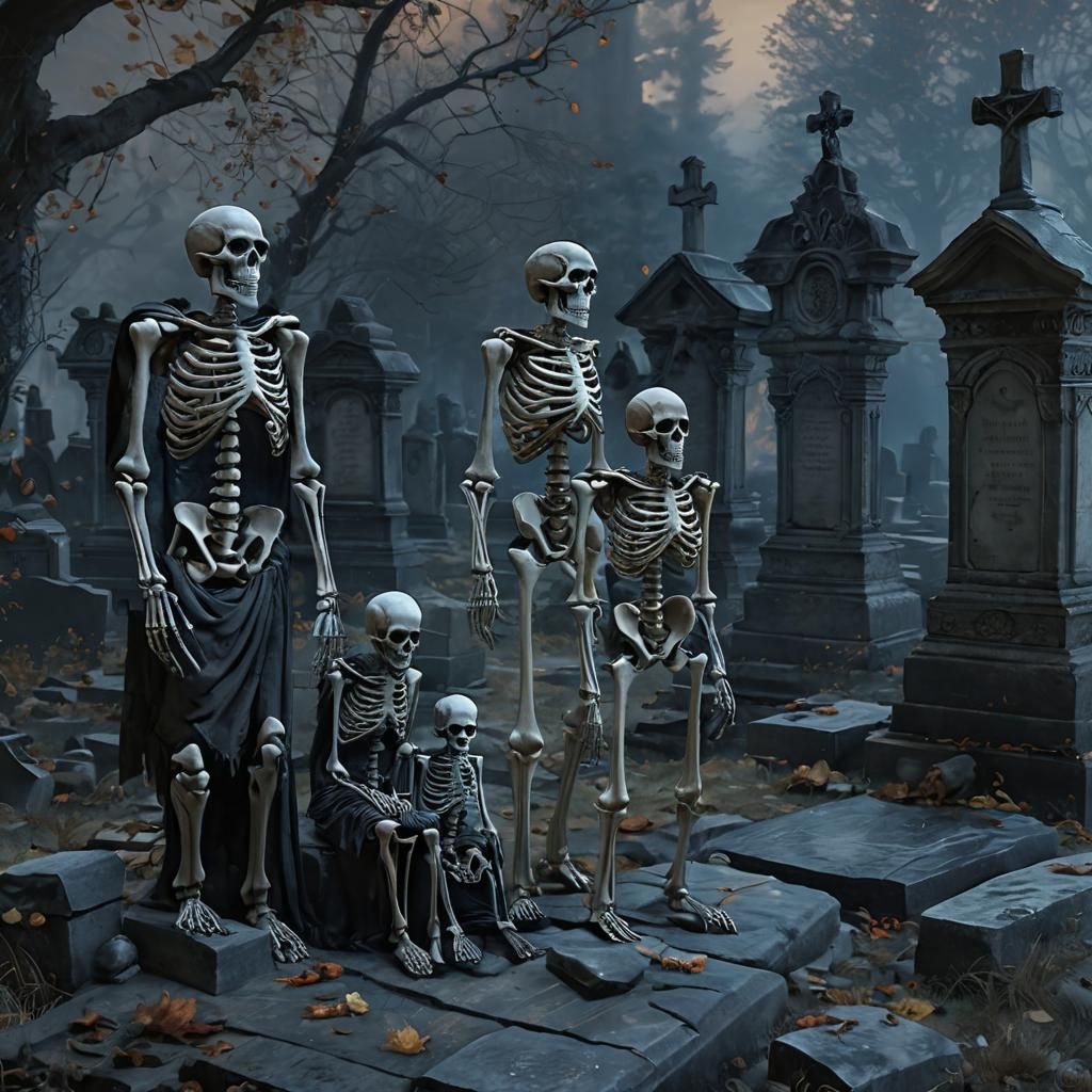 Eerie Skeleton Family Graveyard Scene in Splash Art