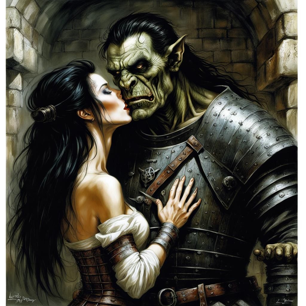 Comtesse and Orc Prisoner in Dungeon, Dark Fantasy Art