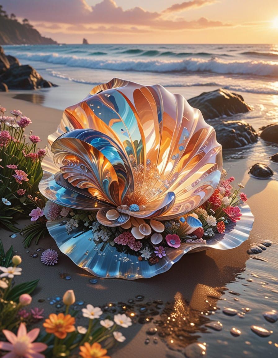 Ethereal Crystal Shell Sculpture by the Seaside