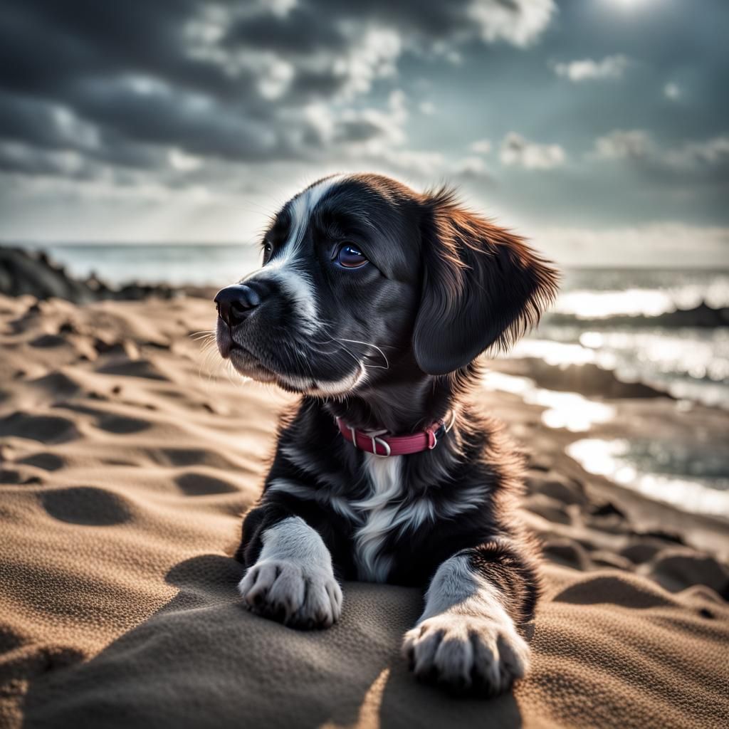 Hyperrealistic Puppy on the Beach in HDR