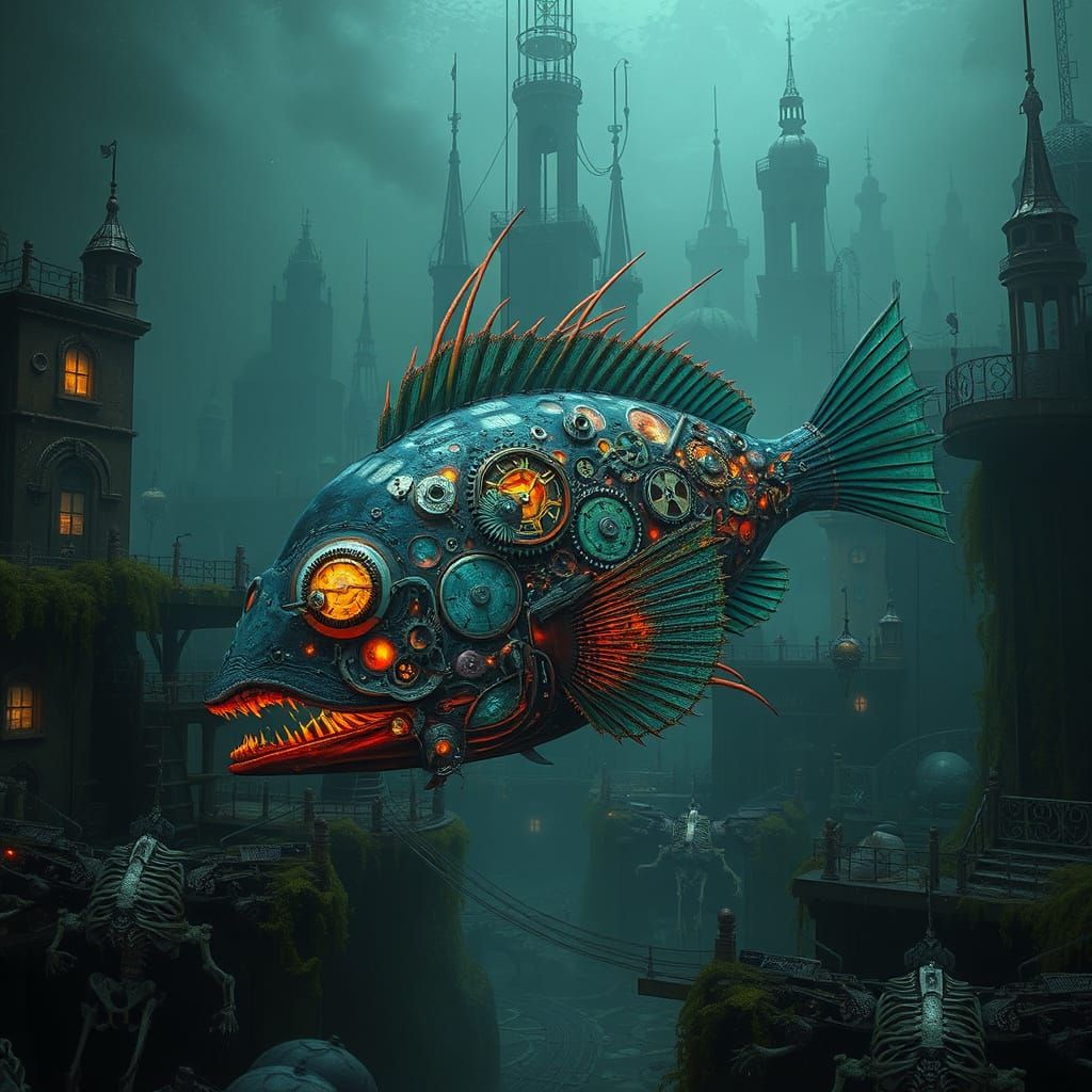Bioluminescent Anglerfish in Sunken Steampunk City