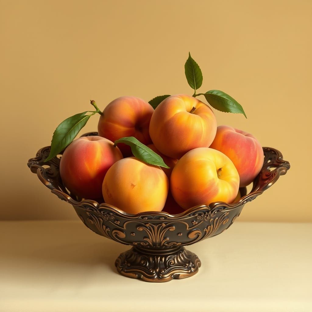 Peaches in Antique Bowl, Golden Lighting