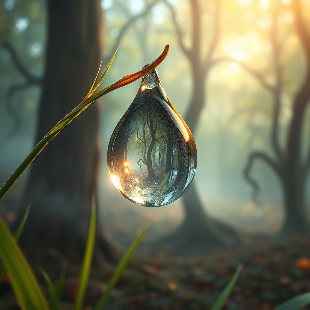 Luminous Dewdrop Reflecting Woodland Scene