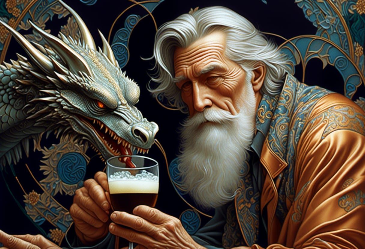 Man and Dragon Share a Drink in Art Nouveau Style